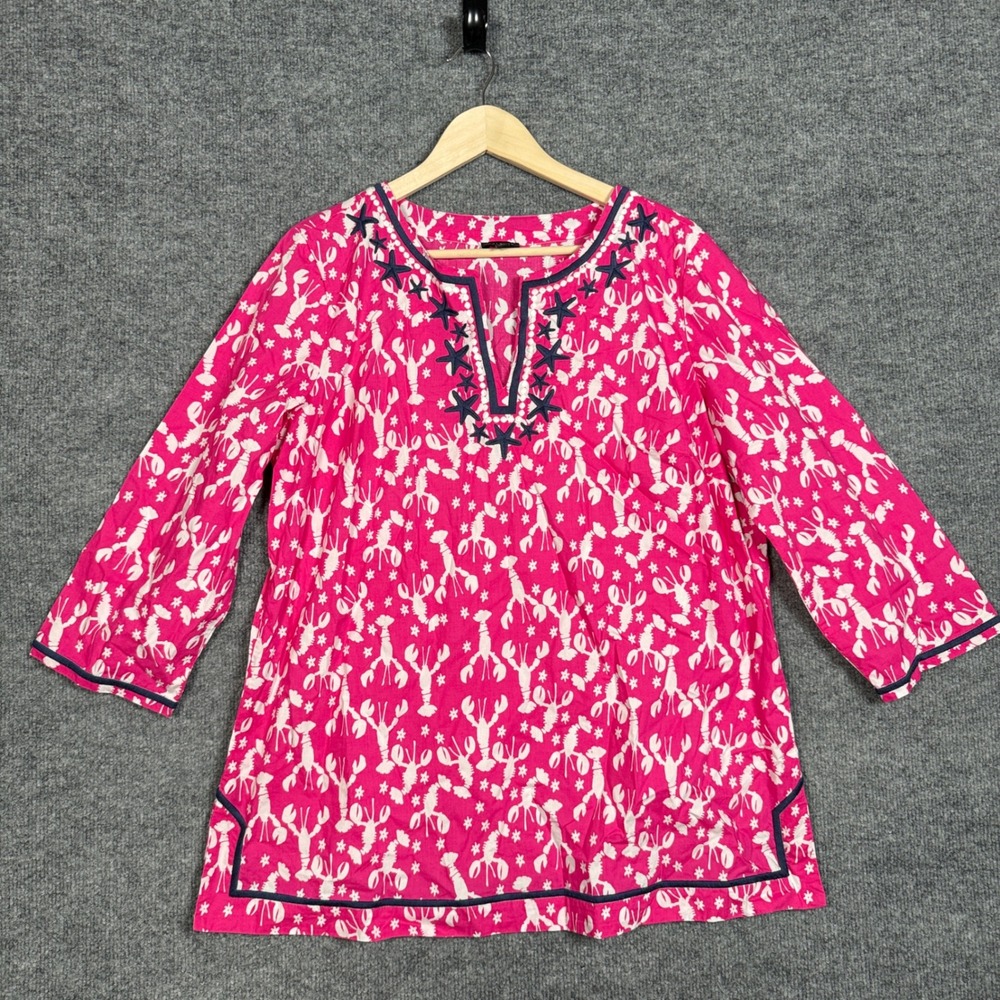 Talbots Sz Large Top Blouse Pink Cotton Lobster Vacation Resortwear Embroidered
